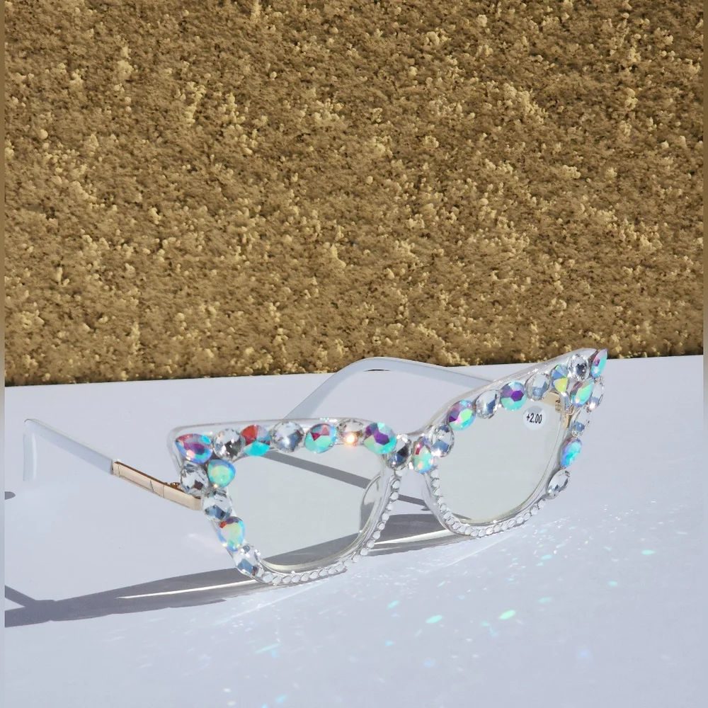 Women's Bling Cat Eye Readers Colorful Rhinestones AB Reading Glasses White+1.00